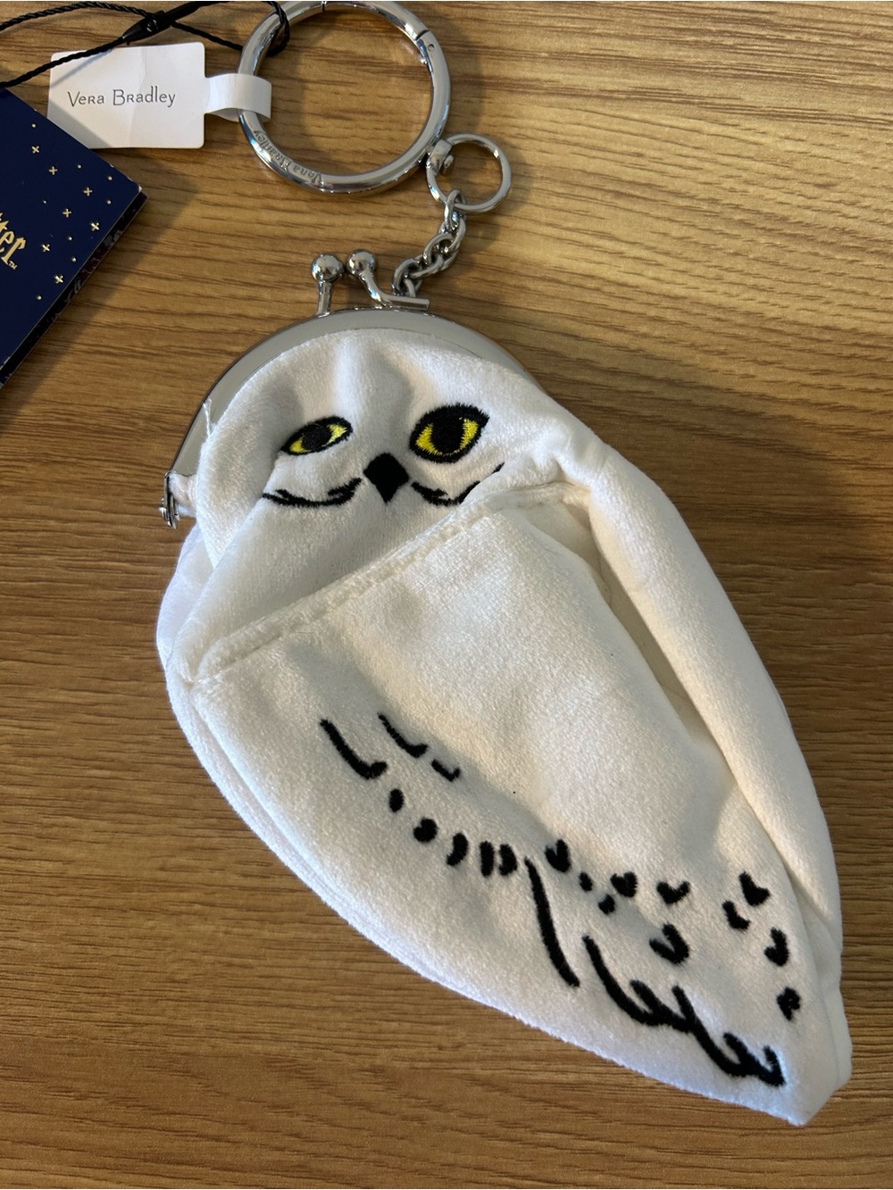 Vera Bradley White Owl Coin Purse Keychain with Yellow Eyes